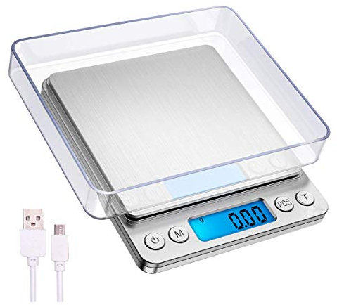 Kitchen Scales, Small USB Rechargeable Food Scale, Digital Baking Cooking Scales with Accurate Precision Tara PCS Function, 3kgs/0.1g, Silver