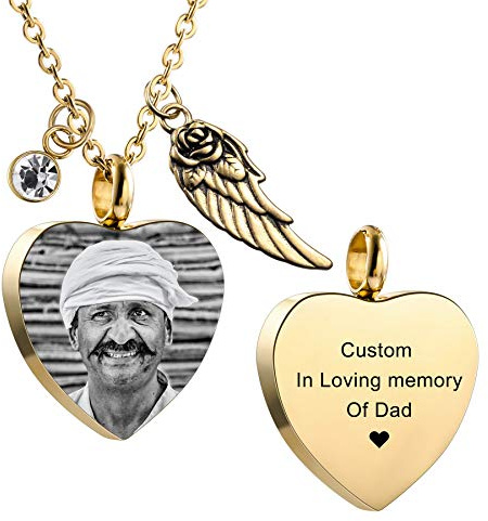 MeMeDIY Personalisierte Engelsflügel Anhänger Herz Urne Halskette Gravur Foto/Name Geburtssteine für Männer Frauen Hund Katze Haustier Edelstahl Asche Memorial Trichter Kit