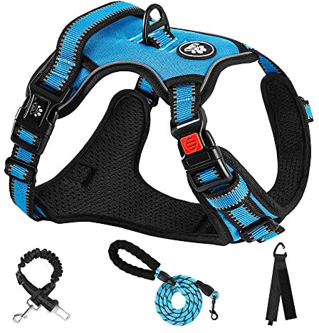 NESTROAD Anti Zieh Hundegeschirr Große Hunde Leine Geschirr Set Blau, Größe XL für Hunde Grosse mit Halsumfang 43~64CM Brustumfang 53~89CM, enthalten Brustgeschirre, Hundeleine, Sicherheitsgurt