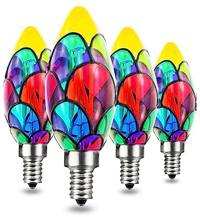 Greeogin Dimmable Stained Glass LED Edison Bulb, LED Color Bulb,C35 E12 Base 4 Watts LED Light Bulbs 40W Halogen Bulb Replacement for Party Light,Festive Atmosphere,Home Lighting,4 Pack