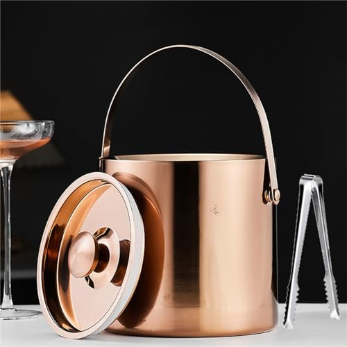 HLZLPYFC Double-Wall Vacuum, Insulated Ice Bucket, with Lid Stainless Steel Champagne Buckets,Keep Ice Cold Long Time, with Ice Tong, Suit Home Bar, Chilling Beer, Champagne,rose gold,1.4L