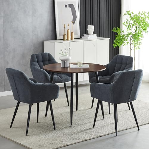 Homcasa Round Dining Table and Dining Chairs Set 4, Walnut Effect Dining Table and Armchairs Set of 4, Small Dining Room Set for Home Kitchen Office Meeting Café (Grey, Table with 4 chairs)