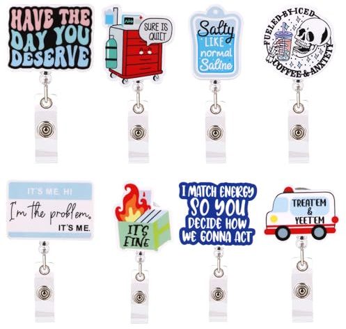 8pcs Funny Badge Reels Retractable, Cute Badge Reel Nursing ID Tag Card Badge Holder Retractable Clip Accessories for Nurse Doctor Office Workers Teacher Students Lanyard Supplies