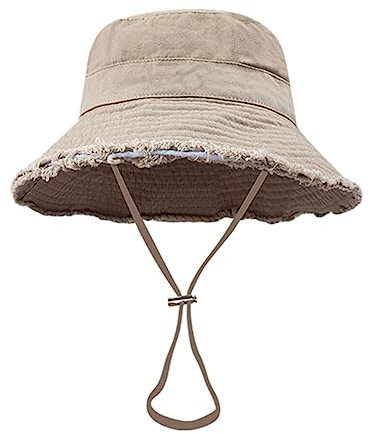 Itkcozcg Modisches Accessoire, Fischerhut für den Außenbereich, mit verstellbarem Kinnseil, ausgefranster Fischerhut, Sonnenschutz, Fischerhut für Erwachsene, khaki, Suitable for head circumference