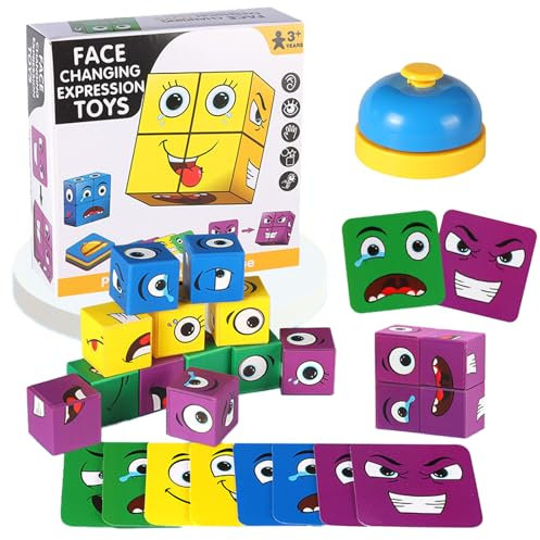 Face Changing Magic Cube, 3D Puzzle Face-Changing Magic Cube, 3D Emoji Blocks Puzzle, Emoji Blocks Wooden Toy
