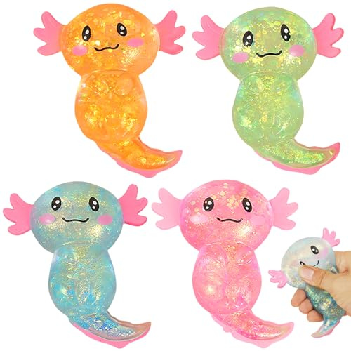 4 stycken Axolotl-leksaker, klämleksaker, anti-stressleksak, söt tecknad glittrande squishy-leksak, stressleksak för barn och vuxna, stresslindring squishy-leksak för fester och födelsedagar