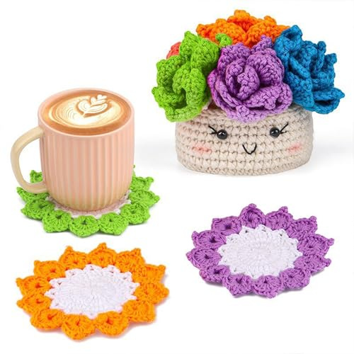 YAVINSI Beginner Crochet Kit, 6Pcs Flower Coasters in Plant Pot with Yarn & Tools, DIY Drinks Mats Starter Set for Adults with Video Tutorials