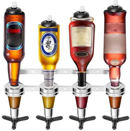 GREENSAPPIRE 4 Bottle Wall Mounted Bar Optics Dispenser – Aluminum Alloy Bar Butler Spirit Drink Dispenser Stand, 6 x 30ml Optic Spirit Measure, Space-Saving Barware Set for Home Pub Kitchen Party