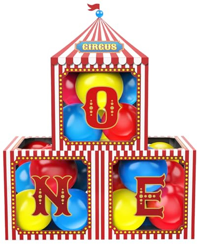 Första födelsedagsdekorationer för pojkflickor, EN ballonglådor med ballonger, EN block för tecknad cirkus karneval clowntema baby 1:a födelsedagsbakgrunden, tårtsmash fotorekvisita