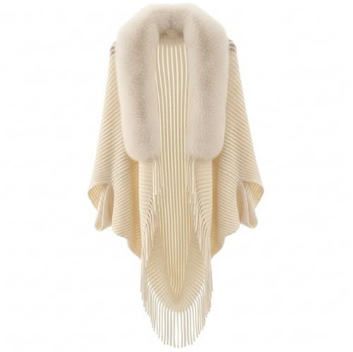 Xoeryoy Pull Poncho Chaud à Franges pour Femme, châle tricoté avec col en Fausse Fourrure, pour l'automne et l'hiver, Beige