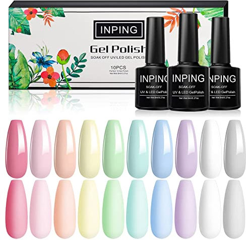 INPING Pastel Gel Nail Polish, 10 Colors Spring Summer Gel Polish, Purple Pink Sky Blue Green Yellow White Grey Macaron Candy Nail Varnish Set Soak Off UV/LED for DIY Nail Art Salon, Easter