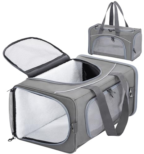 Petsfit Airline Approved Carrier, Cat Transport Carrier for Small Dogs,Foldable small dog Carriers Two-Way Placement on Plane Pet Carriers for Travelling,Grey,49cm*23cm*30.5cm