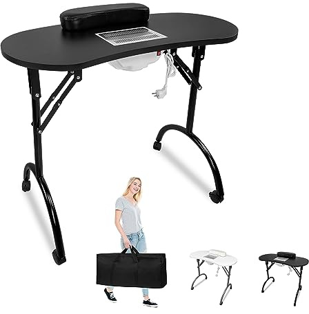 YARDIN Nageltisch Maniküretisch mit Absaugung, Schwarz Mobilesmanikürtisch Faltbare mit Nagelstaubsauger, Rollen und Handgelenkkissen für Staubabsaugung Nagelstudio, 90 x 37 x 77 cm