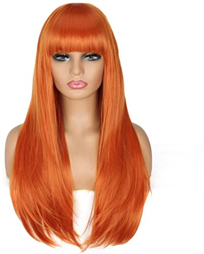 PORSMEER Perruque de cheveux synthétiques longs pour femme Déguisements Naturelle Perruque orange avec Frange 28 Pouces 70cm
