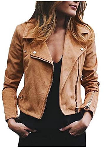 Chaqueta de ante para mujer, chaqueta de piel sintética, monocolor, manga larga, chaqueta de entretiempo, chaqueta corta, chaqueta de invierno, chaqueta con cremallera, para otoño e invierno, chaqueta