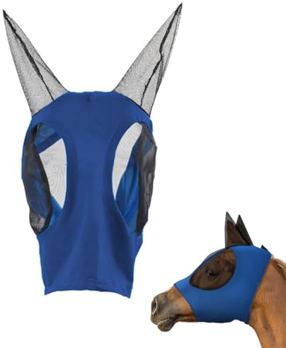Maschera antimosche per cavalli, maschera per cavalli con protezioni per orecchie, maschera anti-mosche trasparente a maglia fine, maglia traspirante, protezione UV standard, blu