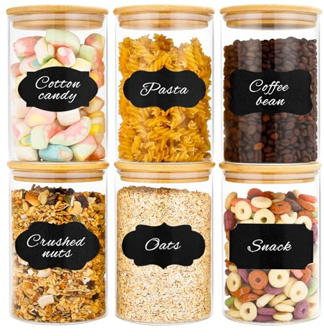 37oz Glass Jars with Bamboo Lids 6 Pack, Airtight Food Glass Storage Jars | Round Durable Kitchen Glass Storage Containers for Noodles Flour Cereal Rice Sugar Tea Coffee Beans Candy 1100ml