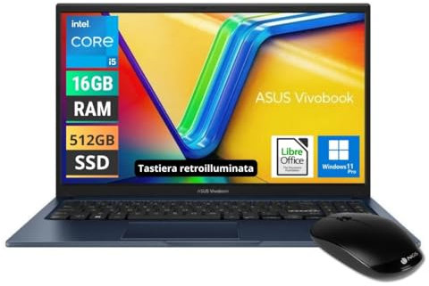 ASUS Notebook Vivobook, PC portatile, CPU Intel 5 Ultra 120U 10 core 5Ghz, Ram 16Gb, SSD M,2 512Gb, 15,6 FullHD ips, WiFi, 4 USB, HDMI, Windows 11 Pro, Tastiera Retroilluminata, Libre Office, Mouse