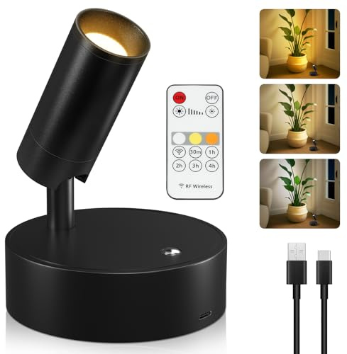 Kimjo Spot LED Sans Fil Rechargeable, Noir Applique Murale Intérieure à batterie, USB Dimmable Spots Muraux avec Télécommande, Lampe Murale avec Minuterie pour Plantes, Salons, Chambre, 1 Pièce