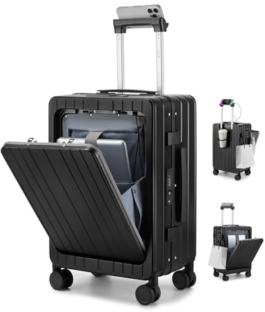 Sea choice Valise Rigide PC Légère avec Compartiment pour Ordinateur Portable Bagage à Main Trolley avec 4 roulettes Doubles Pivotantes et Serrure TSA Chargement USB, Porte-gobelet