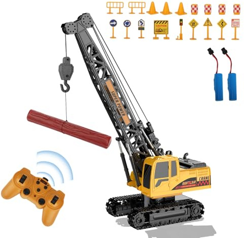 QiquBox Kran Spielzeug, 1:24 Kran Ferngesteuert mit 8 Kanälen Lichtern Geräuschen 2,4G RC Kranspielzeug mit 20PC Spielzeug-Verkehrszeichen, Weihnachten Kindertag Geburtstag Geschenke für Kinder