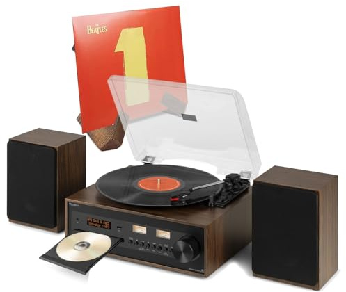 Audizio Boston Vinyl Record Player with CD, DAB+ Radio, Bluetooth & Stereo Speakers – Vintage Wooden Record Player Stereo System with Retro Vinyl Sleeve Display Stand
