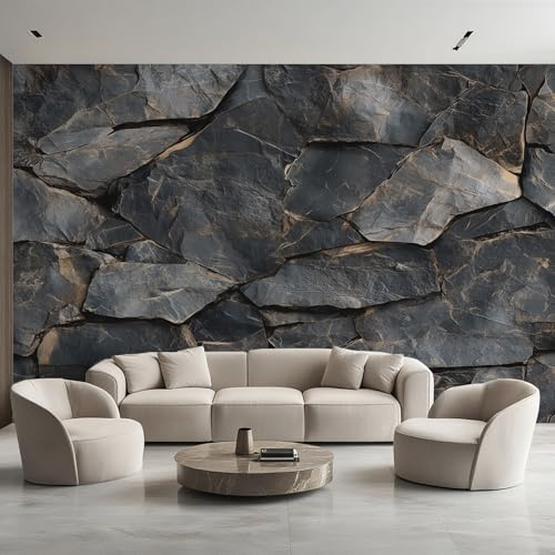 Générique Papier Peint Panoramique Mur de Pierre Sombre, Papier Peint Brique Pierre Rustique 400 x 280 cm, Photo Décoration Murale, Papiers Peints Intissé Décoration Murale Salon Chambre EL&D55