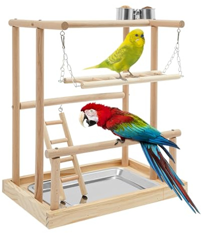Jouet pour perroquet en bois avec balançoire et échelle d'escalade, étagère de jeu à plusieurs étages pour oiseaux, 2 gamelles en acier inoxydable et plateau, idéal pour perroquets, perruches