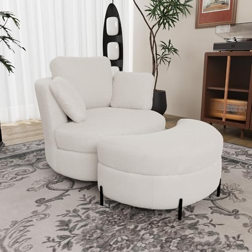 Sillón Giratorio XXL con Reposapiés de Almacenaje, Sherpa, Marfil, Set