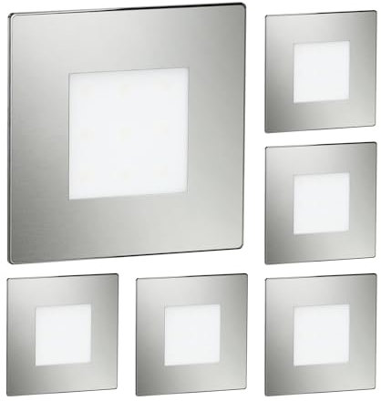ledscom.de 6 Stück LED Treppenlicht/Wandeinbauleuchte FEX für innen und außen, eckig, edelstahl, 85 x 85mm, kaltweiß