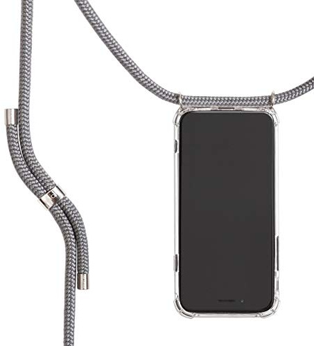 KNOK Premium Handykette für Apple iPhone 11, Grau - Silver Metall, stoßfest | Silikonhülle mit fest verbundener Kordel zum Umhängen, transparent, ideal für Festival, Konzert oder Alltag, robust
