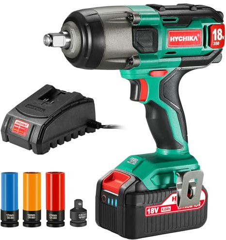 HYCHIKA Impact Wrench, 18V 4.0Ah Battery, Cordless Impact Driver 350Nm, 3000IPM Impact Frequency, 3pcs Sockets for 17/19/21mm, Adapter for 10mm Mandrel