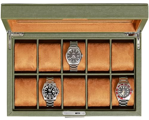 ROTHWELL 10 Slot Leather Watch Box - Luxury Case Display Jewelry Organizer - Locking Watch Display Case Holder with Large Glass Top - Box Organizer for Men and Women (Green/Tan)