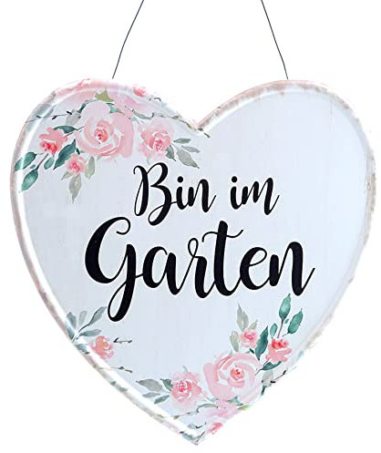 Metallschild Herz Bin im Garten | Rosen Blumen Dekor | Gartendeko Hängedeko Dekohänger | 25 cm
