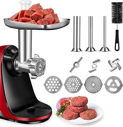 Metal Meat Grinder Attachment, Meat Grinder Accessory Compatible with AMZCHEF ZM1501&GM3001 Juicer, Included 3 Sausage Stuffer Tubes, 4 Grinding Plates, Machine Not Included