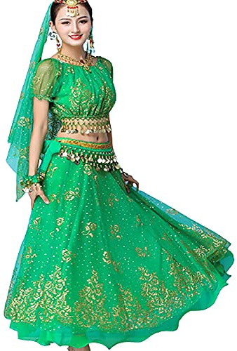 OTMYIGO Damen 5 Stück indisches Tanzkleid Bauchtanz Outfits Bollywood Kleid Kostüm Damen Set Halloween Kostüm Kostüme,Grün
