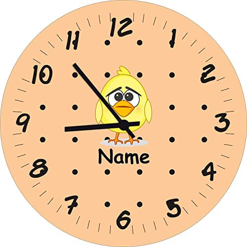 Shirtinstyle Kinderzimmeruhr mit Tiermotiv Küken mit Wunschnamen Geschenk Uhr Kinder Handmade Wanduhr Wunschtext Name, 29cm, Farbe Beige