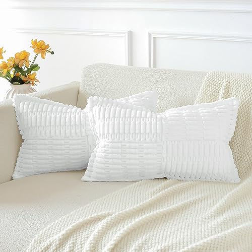 JOTOM Set of 2 Corduroy Soft Striped Cushion Covers with Splicing 30x50 cm Boho Decorative Throw Pillow Covers Lumbar Cushion Case Couch Pillowcases for Sofa Bed Home Decor 12x20 Inch (White)