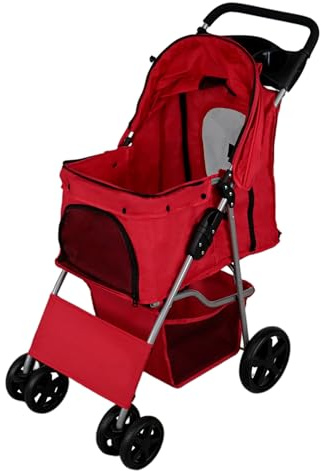 Hundewagen Klappbarer Buggy | bis 15kg | 4 Räder: 2x 360° 2x Bremsen | Für Tiere Hunde Katze | Mit Karabinerhaken Netzfenstern Abnehmbar Kissen Aufbewahrungskorb Getränkehalter & Regenschutz [Rot]