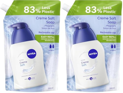 NIVEA Creme Soft Pflegeseife Nachfüllbeutel (500 ml), pflegende Handseife mit Mandel-Öl, mild duftende Flüssigseife zur sanften und hygienischen Reinigung (Packung mit 2)