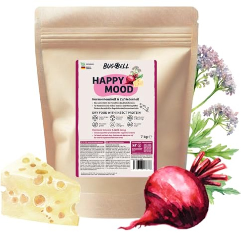 BugBell 7kg HappyMood Premium Trockenfutter mit Insekten für Hormonbalance | Hypoallergenes Hundefutter für Hormonbalance & Wohlbefinden – mit Mönchspfeffer, Käse und Rote Bete