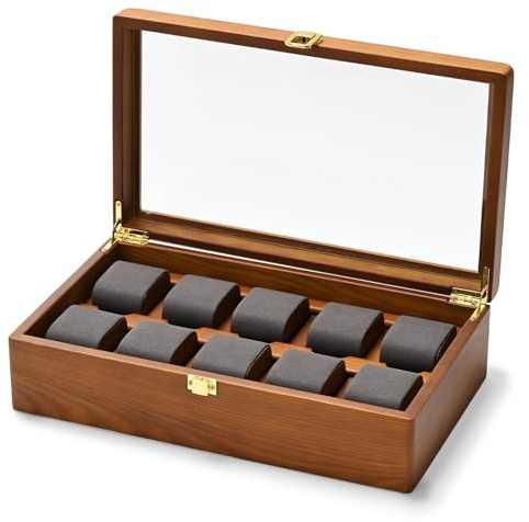 Oirlv Massivholz Uhrenbox Watch Box Organizer mit Deckel 10 Uhrenaufbewahrung Uhrenkoffer mit Herausnehmbaren Uhrenkissen(Dunkelgrau)