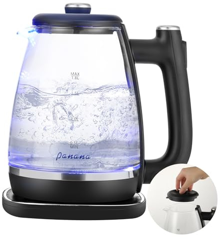 Electric Kettle Glass Kettle with Blue LED, Fast Boil Quiet Electric Glass Kettle, 1.8L, 1800W, Boil-Dry Protection, BPA Free (Removable lid)