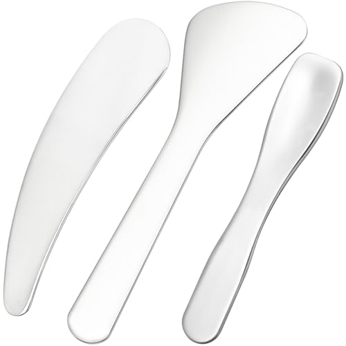 Pndeyo 3pcs Mini Stainless Steel Makeup Spatula, Reusable Cosmetic Cream Spatulas Spoon, Skincare Scoop Applicator Facial Massage Beauty Tools for Mixing and Sampling Face Eye Cream- Silver