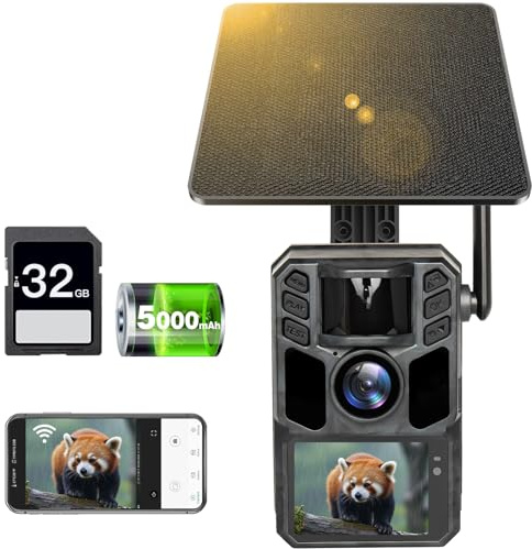 FKPCAM 4K 64MP Wildkamera Solar WLAN mit Handyübertragung App, Eingebaute 5000mAh Lithium-Batterie, Wildkamera Nachtsicht, 0.1s Auslöser Bewegungsaktiviert, IP67 Wasserdicht 130° Weitwinkel (Grau)