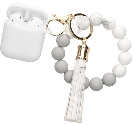 kwmobile Custodia per Apple Airpods 1 & 2 Cover - Custodia Cuffie Wireless In Ear con Perline e Nappina - Cover Porta Auricolari in Silicone - bianco/grigio