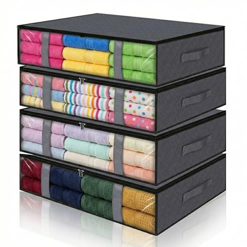 Gykutix 4 Pezzi Contenitori Sottoletto 60x45x15cm Scatole Sotto Letto Contenitore con Finestra di Osservazione e Maniglia per Piumoni, Lenzuola, Vestiti per Camera da Letto, Armadio