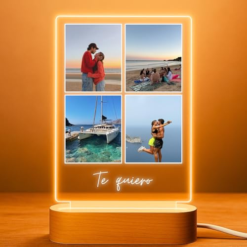 Cristal Plaque Lámpara Personalizada con 4 Fotos para Parejas – Luz LED en Metacrilato – Regalo Aniversario, San Valentín, Cumpleaños y Bodas con Foto y Mensaje