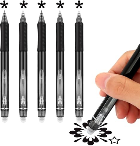 MOTIBACK 5PCS Black Erasable Gel Pens, 0.5mm Fine Point Retractable Pens with Built-in Eraser, Thermal Erasable Ink for Note Taking and Journaling