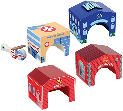 Constructive Playthings Community Wooden Toys and Helicopter Set for Ages 3+, 5-Piece Toddler Imaginative Play Set with Firehouse, School, Hospital, Police Station